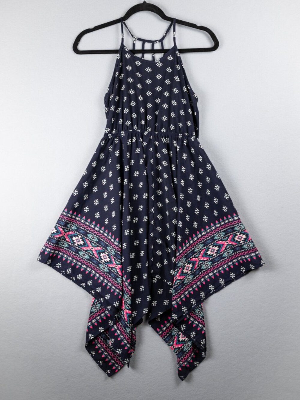 Soprano Girls XL 16 Navy Geometric Print Handkerchief Hem Dress Strappy